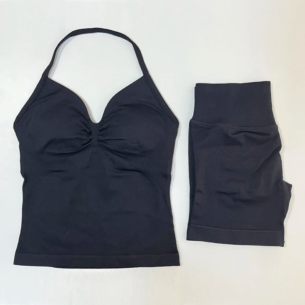 2pcs Gym Set Women Backless Tank Top and Scrunch Seamless Yoga Shorts Suits Fitness Yoga Set Activewear Workout Sets Sports Suit