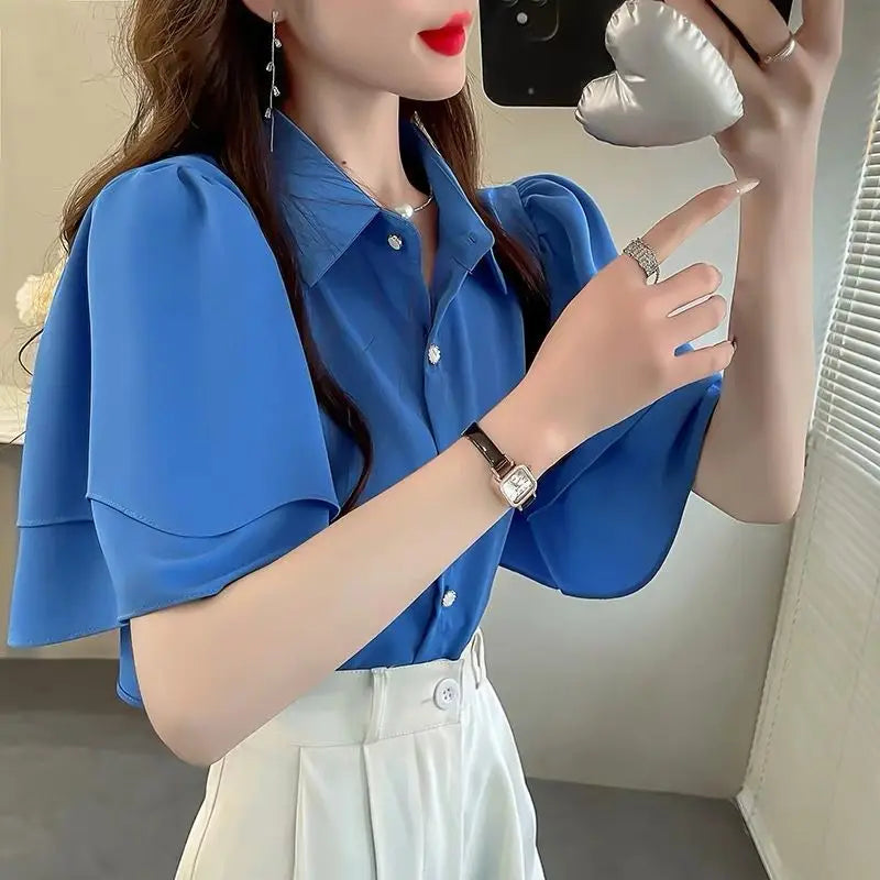 French Lady's Summer Loose Shirt Women's New Loose Blouse Solid Color Ruffle Short Sleeve Chiffon Top