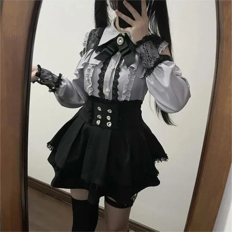 Kawaii Off Shoulder Long Sleeve Shirts Women Black Short Skirt Set Y2K Gothic Ruffle Skirts Lace Lolita Shirt Gown Suit 