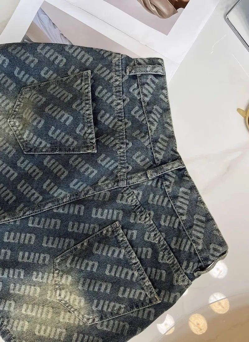Letter Printed Denim Shorts Women Design High Waist Loose Slimming Wide-leg A-line Hot Pants