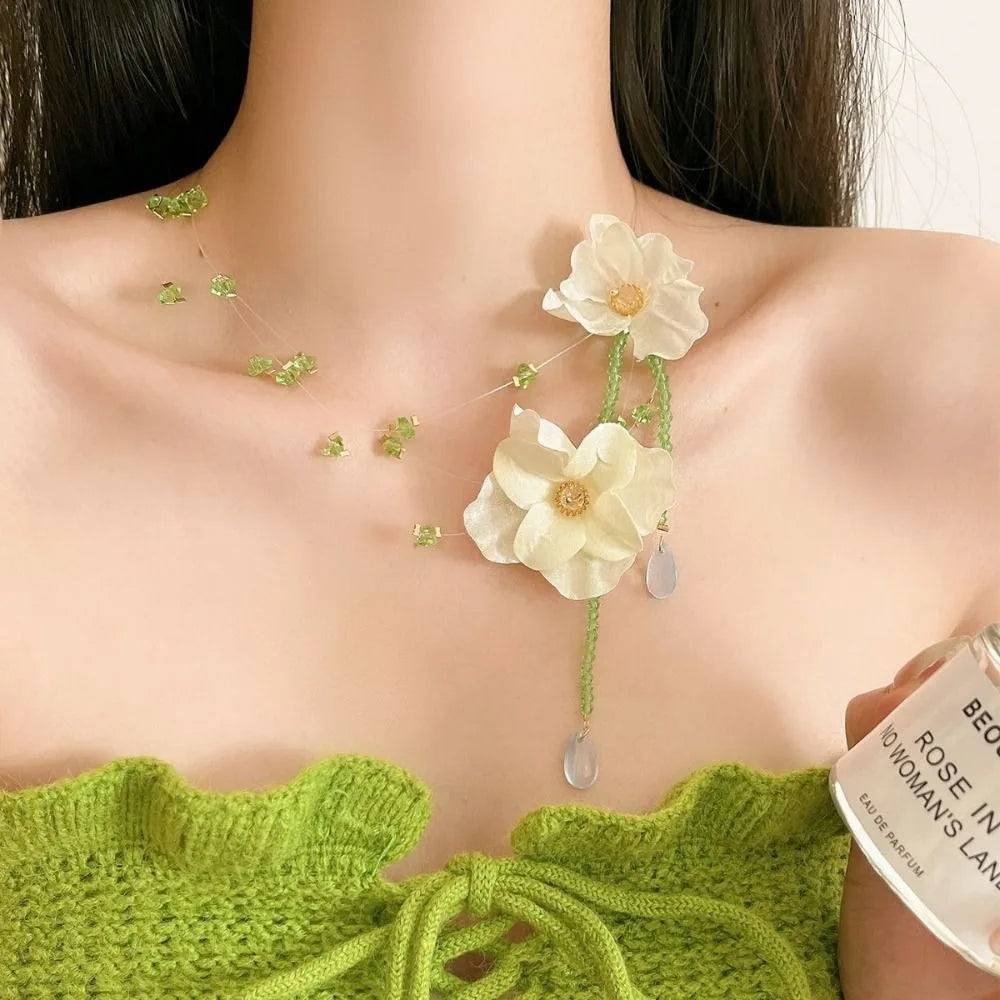 Handmade Resin Flower Necklace Sweet Korean Style Minority Design Asymmetric Earrings Alloy Tassel Beaded Dangle Earring Women