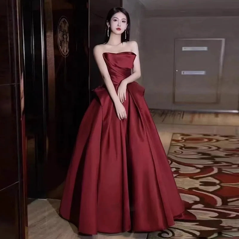 party dresses women evening satin strapless host evening dress female banquet temperament bride toast wine red black prom dress