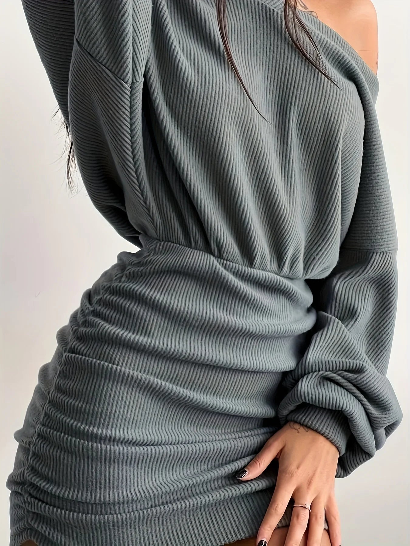 Ruched Bodycon Dress, Sexy Long Sleeve Bag Hip V Neck Mini Dress,Women's Clothing