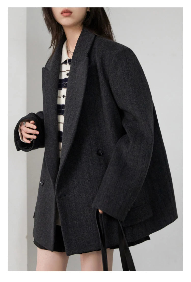 CHIC VEN Women Woolen Blazer Loose Vintage V Neck Female Jacket Suit Double Breasted Office Ladies Coat Spring Autumn 2025