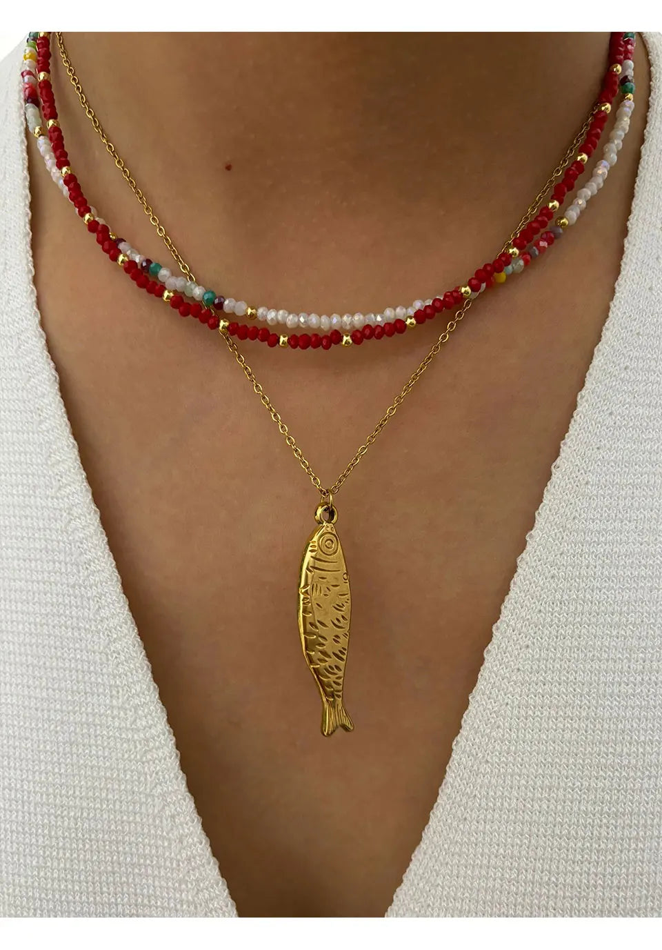 Peri'sbox Boho Colorful Acrylic Beaded Chain for Women 18K Gold Plated Solid Fish Pendant Necklace Waterproof Stackable Jewelry