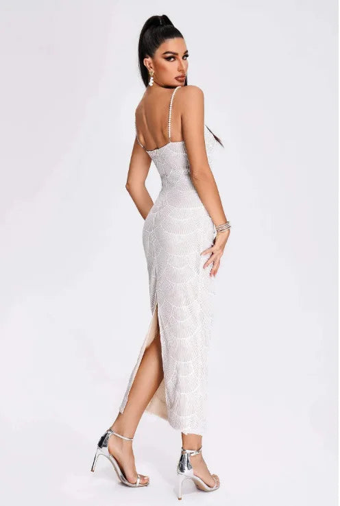 Deluxe Exquisite Sequin Beaded Sexy Hollow Suspender Dress Celebrity Birthday Party Dinner Dress Sweet Date Prom Dress