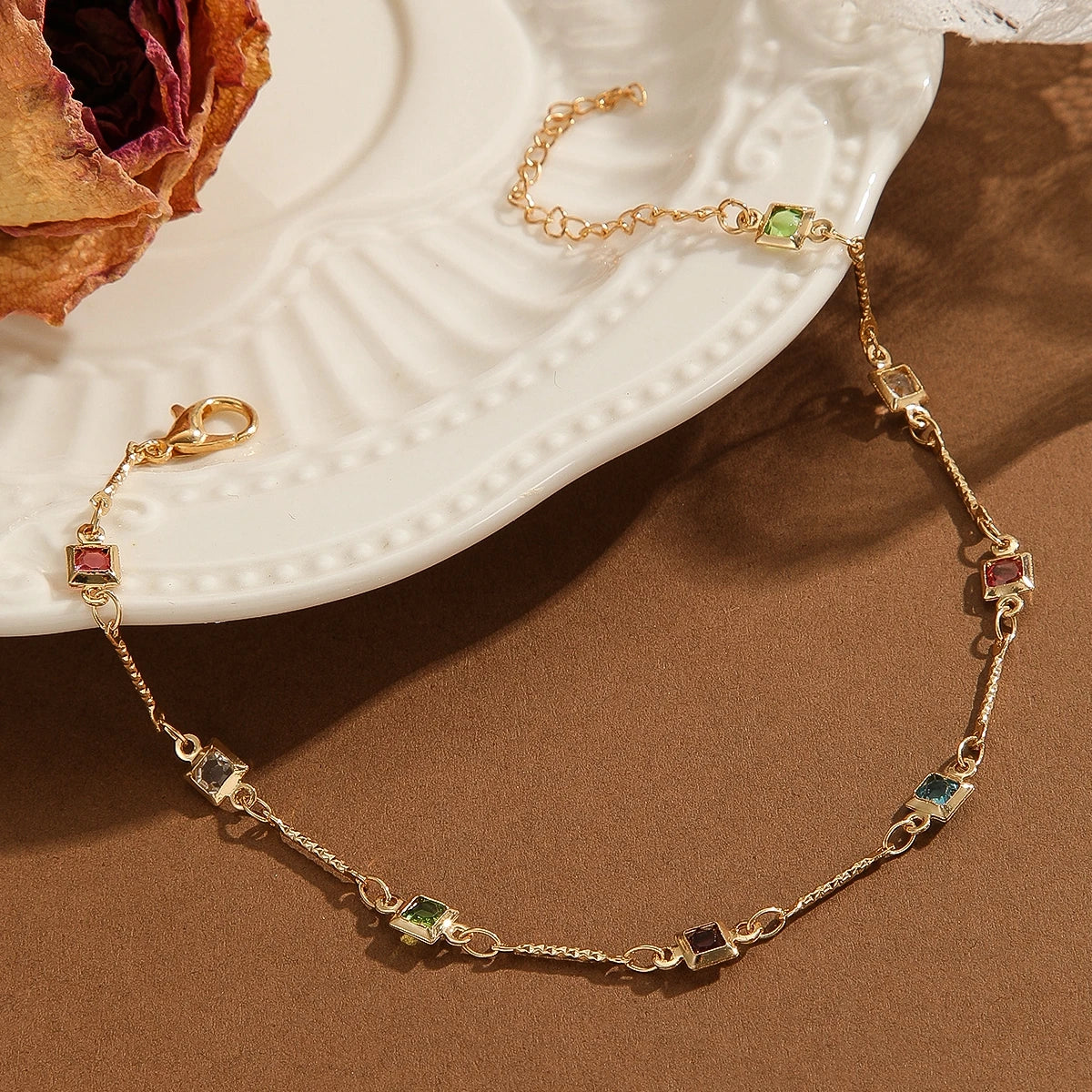 Kinitial Tiny Colorful Square Zircon Anklets For Women Bracelets Summer Barefoot Sandals Jewelry On Foot Leg