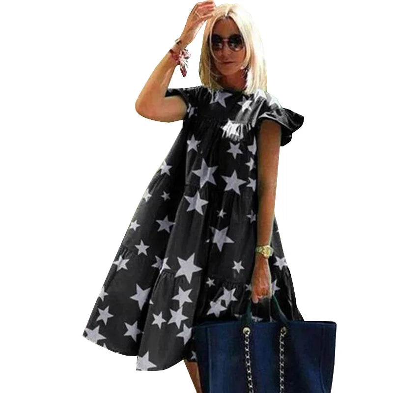 Summer Fashion Boho Print Dress Lady Casual O-Neck Pullover Ruffles Short Sleeve Loose Dresses For Women Holiday Beach Dress New