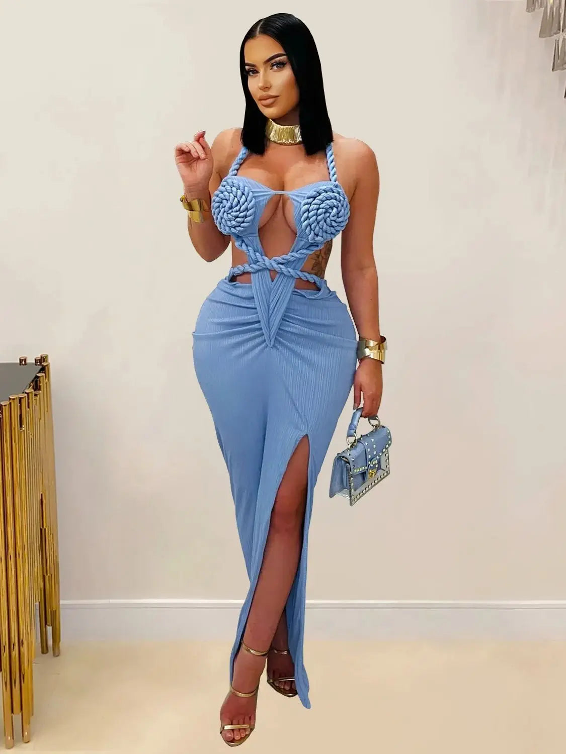 Beyprern Women's Cut-Out Ruched Maxi Dress Orange Sexy Halter Neck Backless High Slit Bandage Party Dresses Birthday Outfits