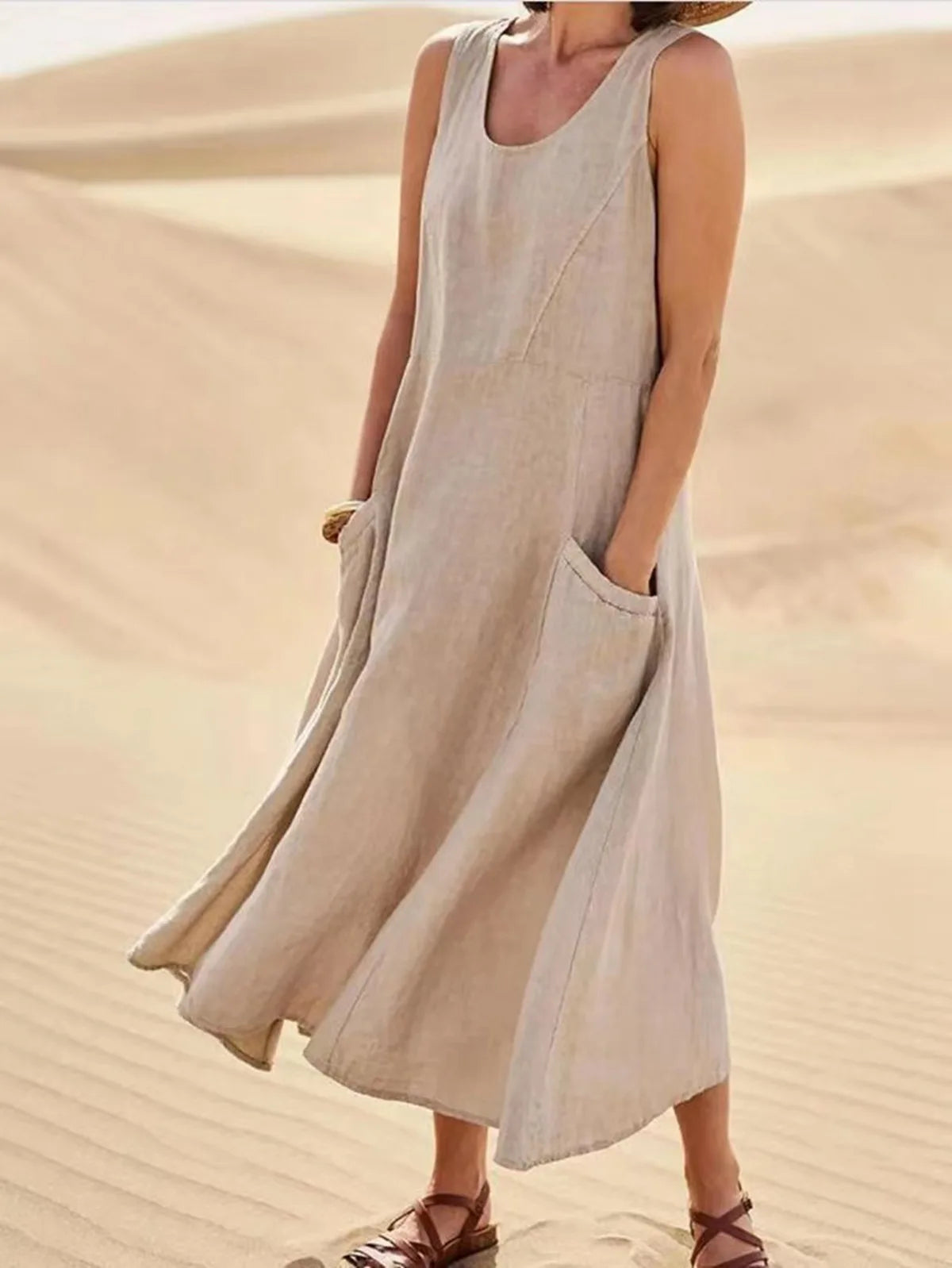 Chic Women Coton Linen Sundress Summer Female Sleeveless Double Big Pocket Loose Sand Beachwear Long Dress Oversized Vestidos