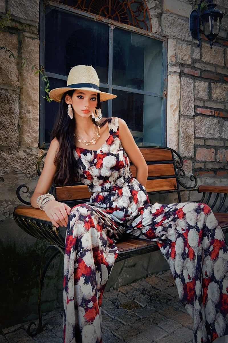 Summer Print Tencel Jumpsuits Women's Clothing Tank Spaghetti Strap+Wide-Leg Pants Draped Full Length Y2K DABUWAWA DM2BJP005