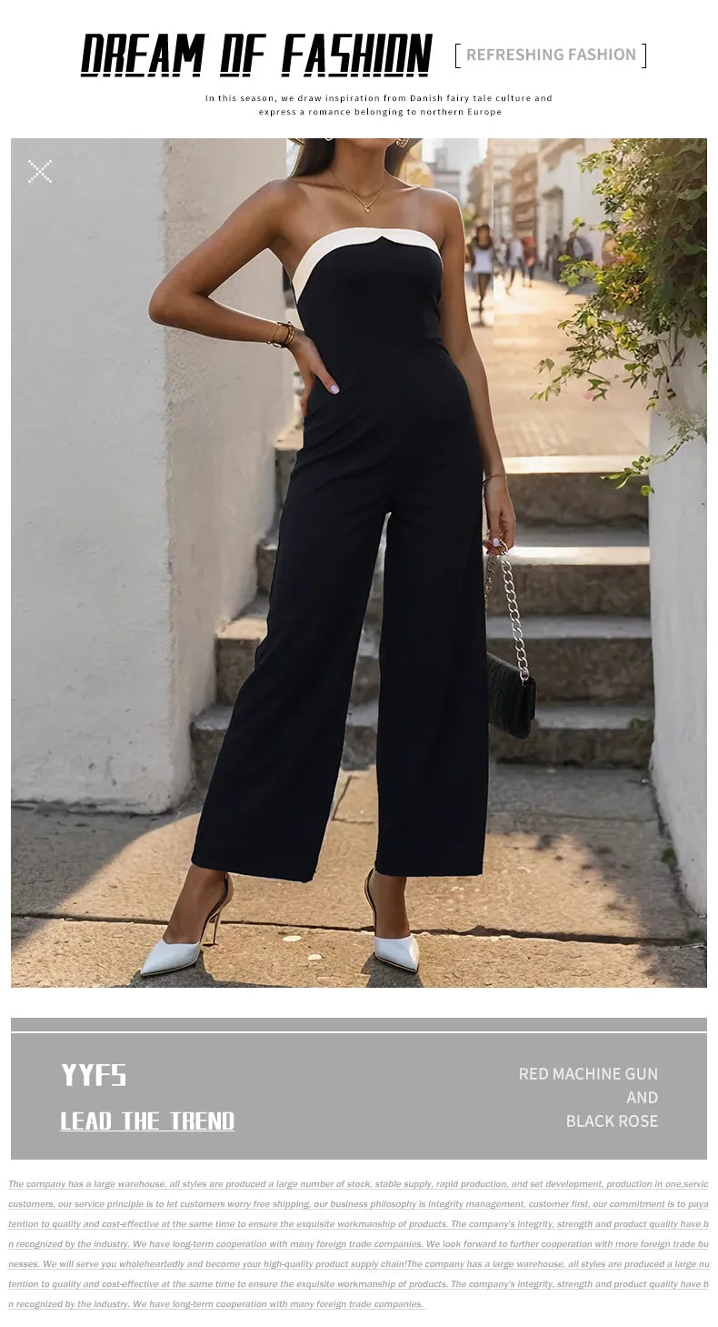 Women's Elegant Sleeveless Jumpsuits Summer High Waist Wide Leg Rompers Fashion Black White Splice Off Shoulder Party Playsuits