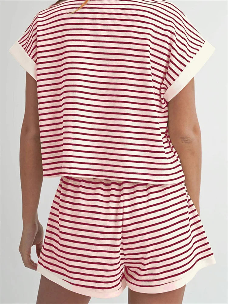 CHRONSTYLE Women Loose Casual Knitted 2 Piece Outfits Short Sleeve Striped Print Sweaters Tops Shorts Set Summer Fall Streetwear