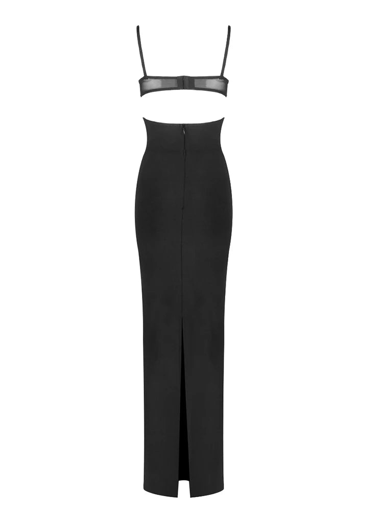 Sexy Spaghetti Strap Mesh Patchwork Hollow Out Bandage Dress Women Black Sleeveless V Neck Bodycon Dresses Evening Party Gowns