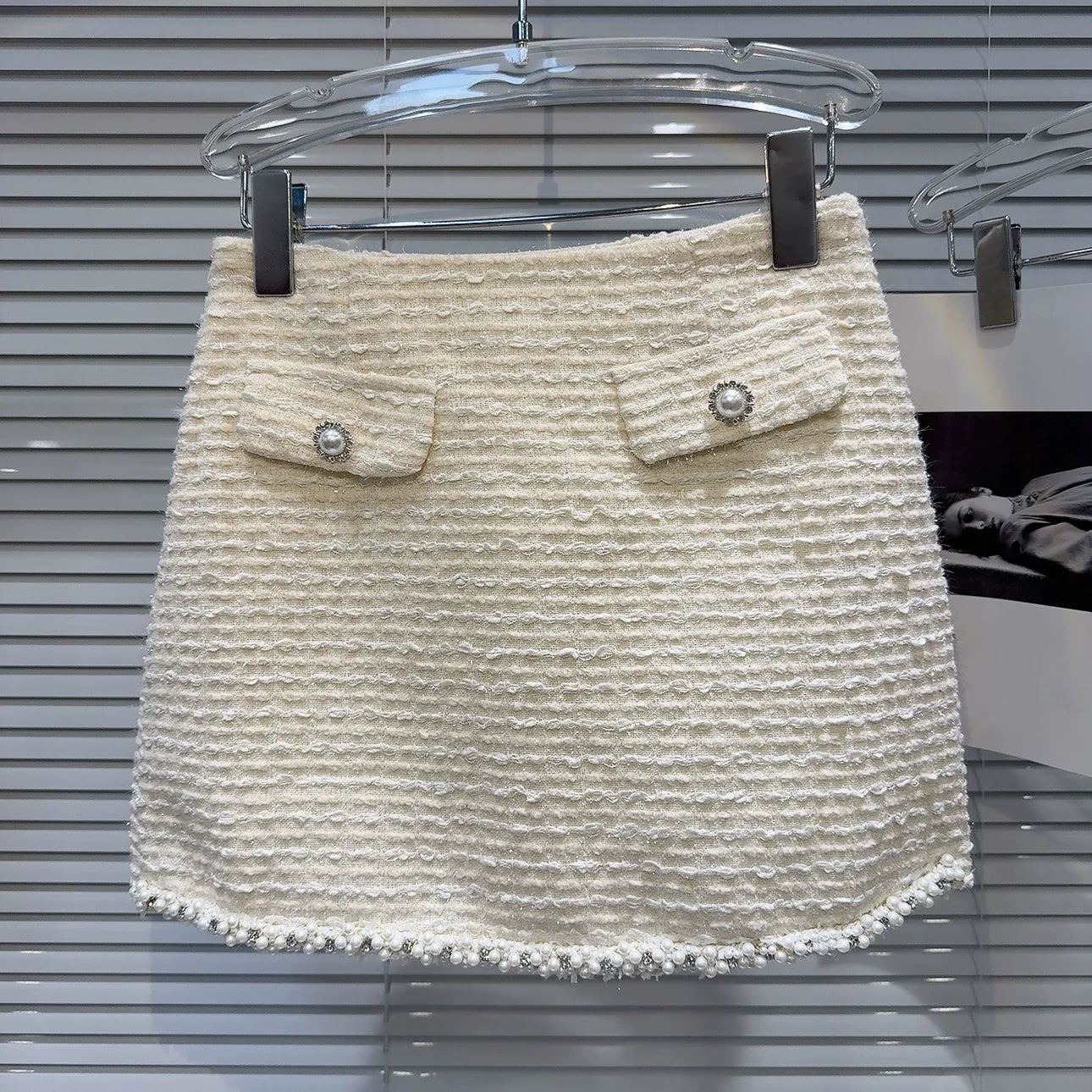 Women's Elegant Two Pieces Tweed Pearls Skirt Set Lady High Street Sexy O Neck Sleeveless Crop Tank Top + Minis Kirt