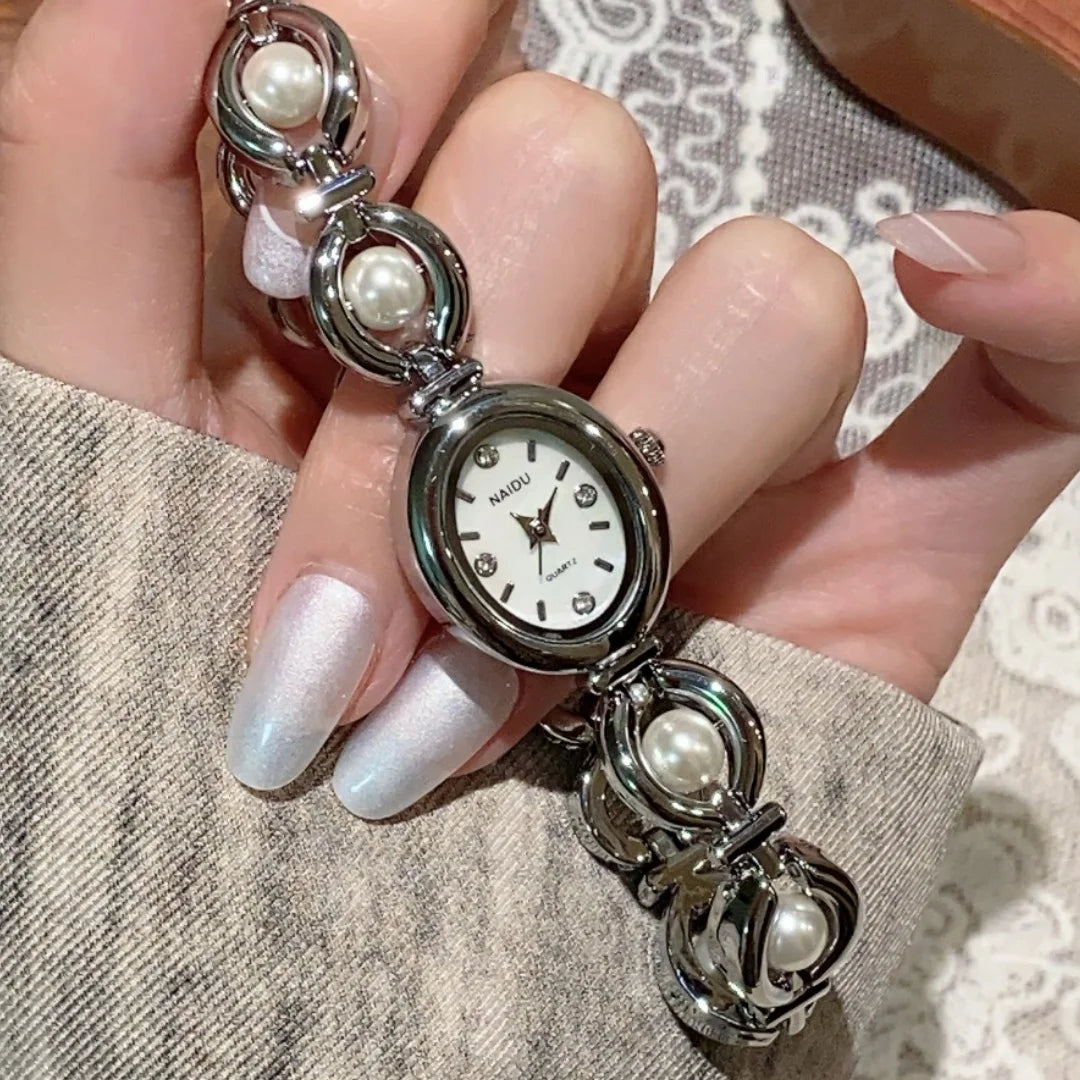 高級レディース腕時計 ゴールド シルバー スモールオーバルダイヤル パールブレスレット 時計 女性用 レディドレス クォーツ腕時計 レロジオ フェミニン