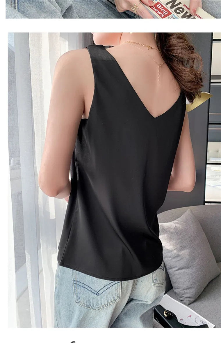 Acetate satin Camisole Women's V-neck Silk Satin vest Top elegant wild Avocado Green white black tank Women Crop Tops