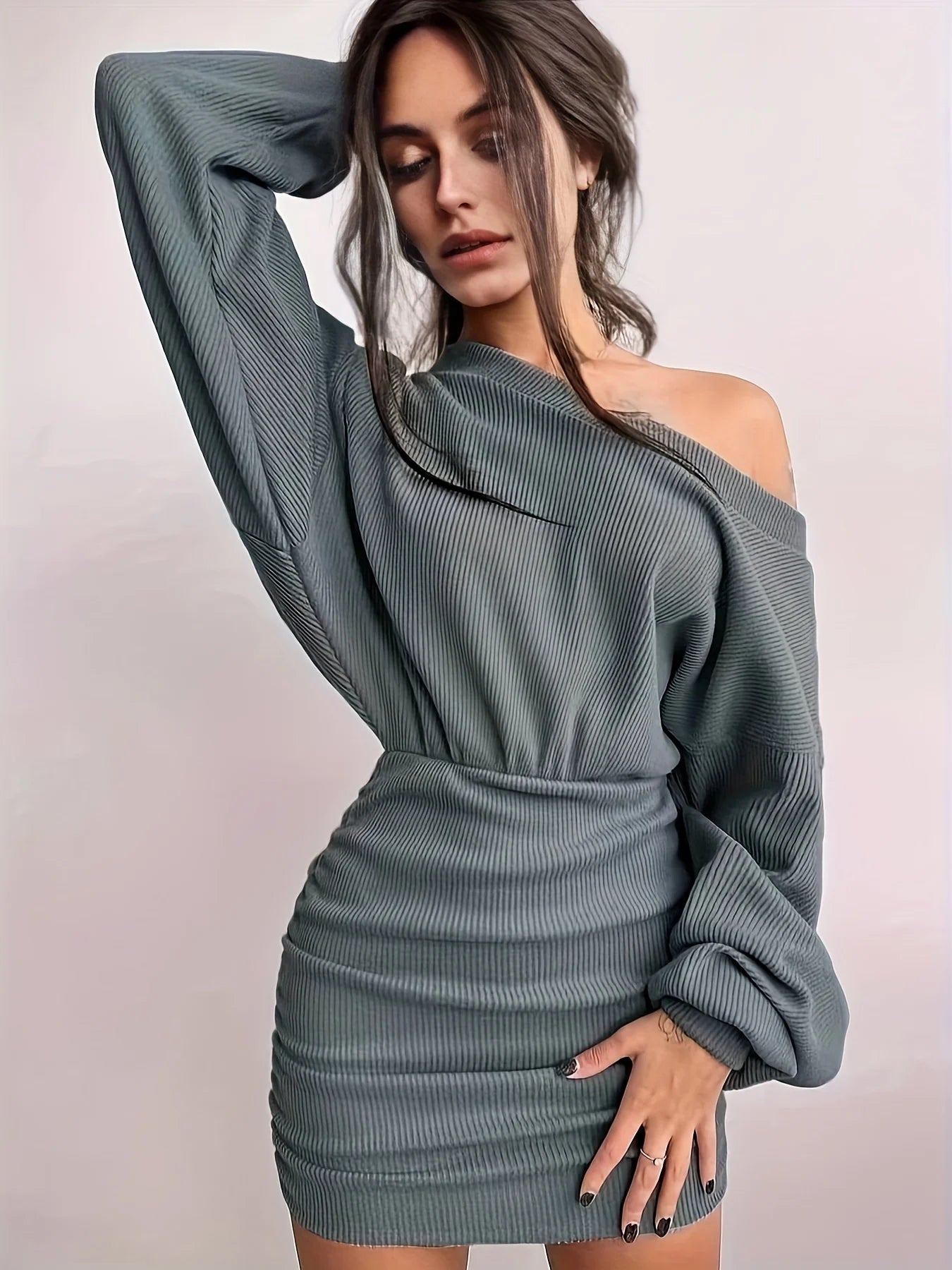 Ruched Bodycon Dress, Sexy Long Sleeve Bag Hip V Neck Mini Dress,Women's Clothing