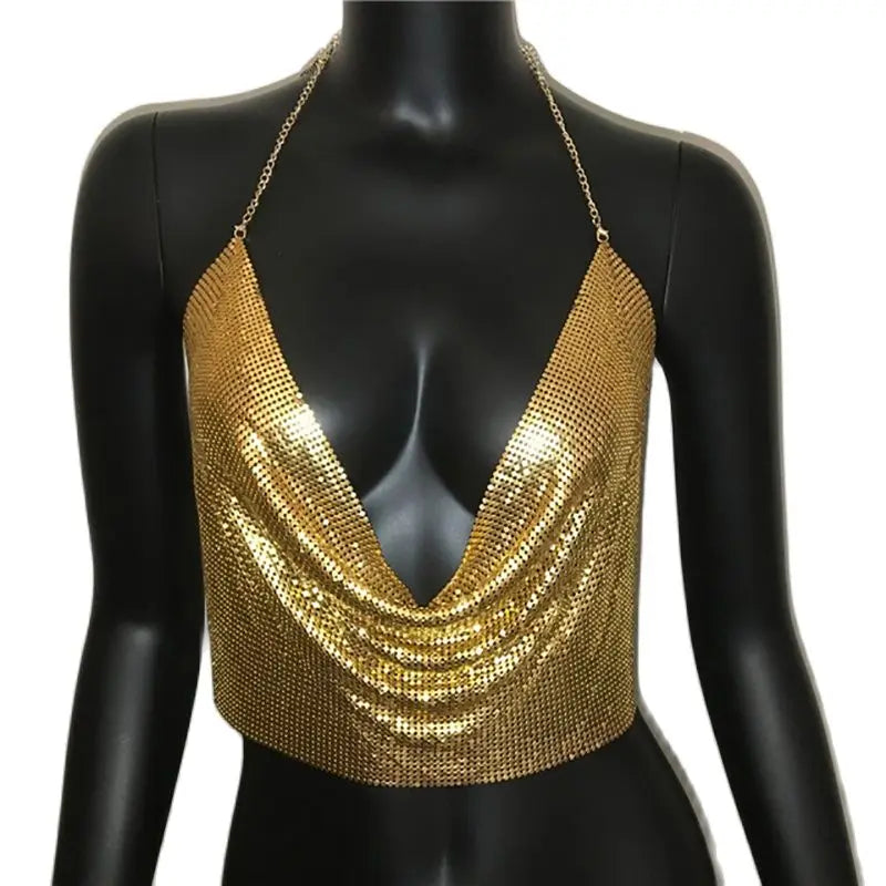 Glitter Metal Sequins Backless Camisole For Women Sexy Deep V Neck Halter Neck Sleeveless Tank Top Lady Nightclub Party Crop Top