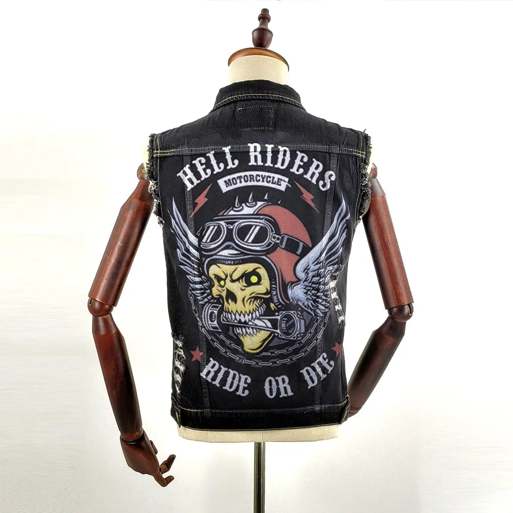 2024 new men's denim jacket retro fashion motorcycle sleeveless denim jacket high street handsome motorcycle vest men's clothing