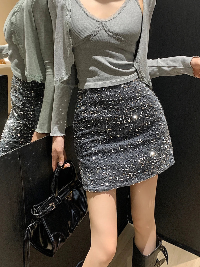 High Waist Sequined Casual A Line Skirts Women 2025 Elegant Korean Fashion Y2k Clothes Sweet Kawaii Black Micro Skirt Harajuku