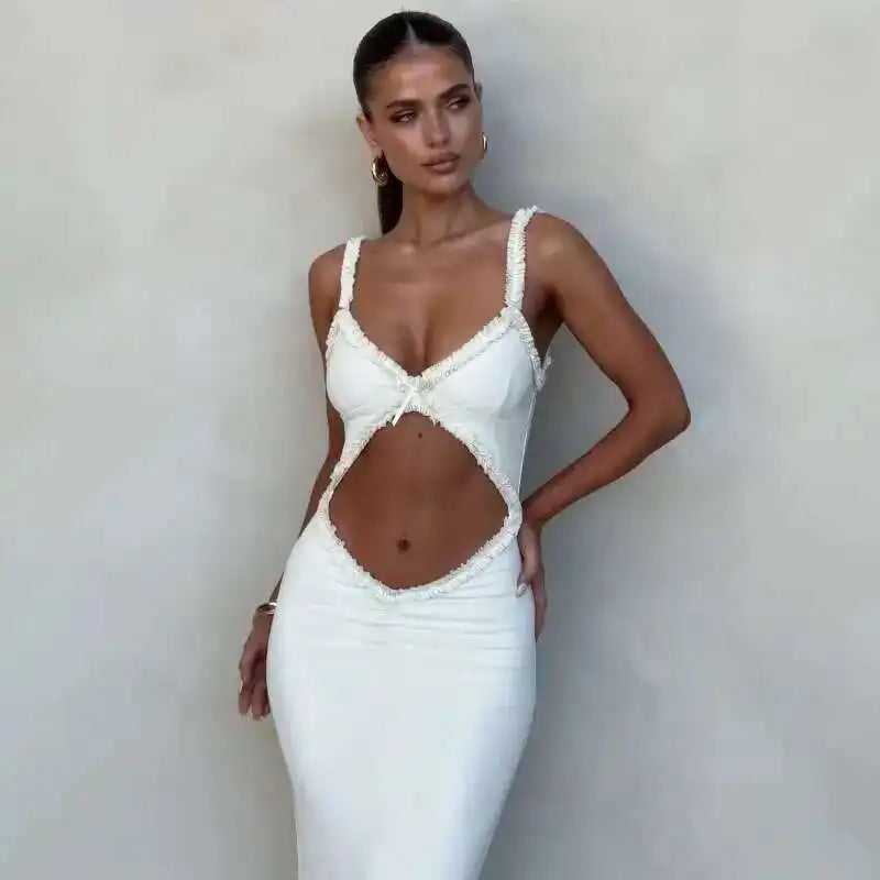 Giyu Sexy Evening Club Party Dresses Women 2025 Summer Sleeveless Backless Hollow Out Maxi Long Dress Elegant Bodycon White Robe