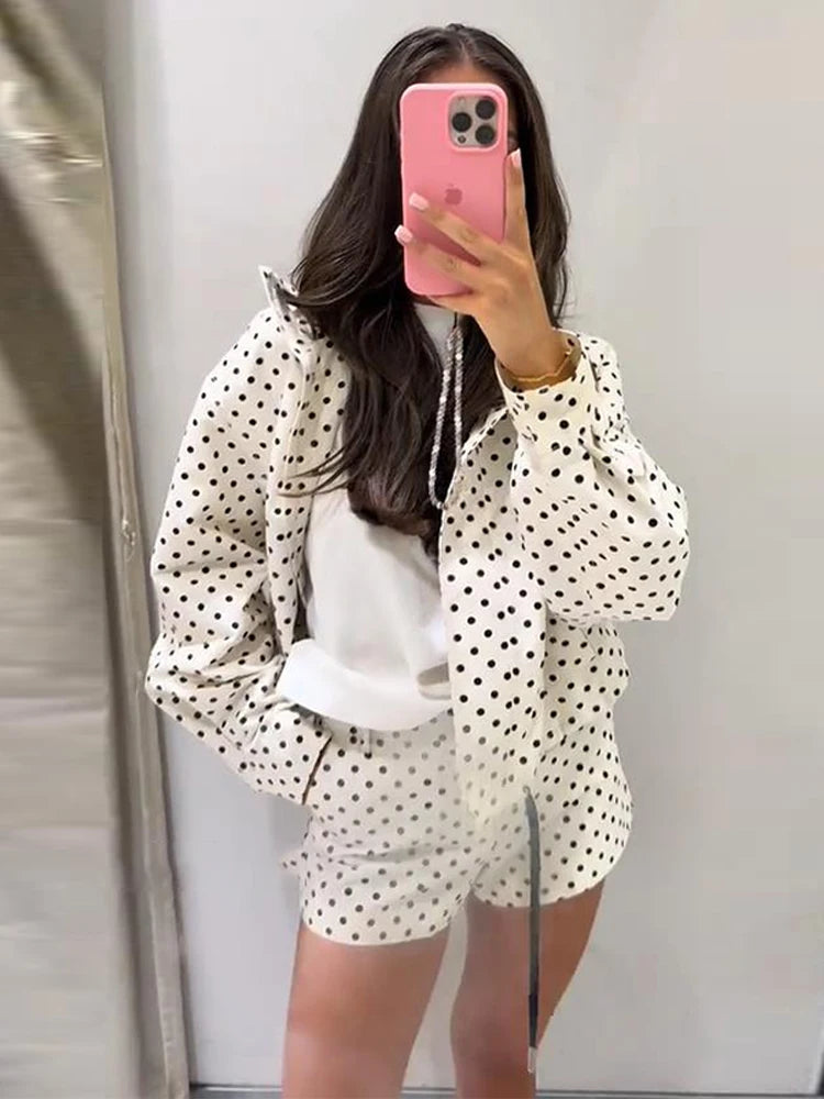 Polka Dot Print Shorts Coats Suits Women Loose High Neck Long Sleeves Zipper Drawstring Sets Female 2025 Autumn New Chic Set