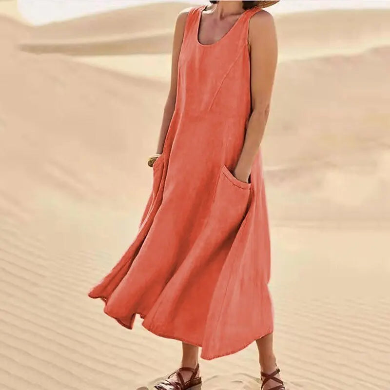 Chic Women Coton Linen Sundress Summer Female Sleeveless Double Big Pocket Loose Sand Beachwear Long Dress Oversized Vestidos