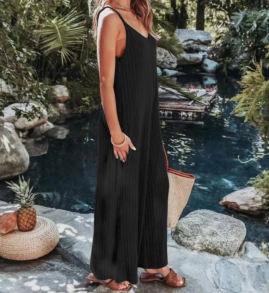 2023 AliExpress Europe and America New Jumpsuit Women's Cross border Summer Female Thread Backless Solid Color Sexy jumpsuit