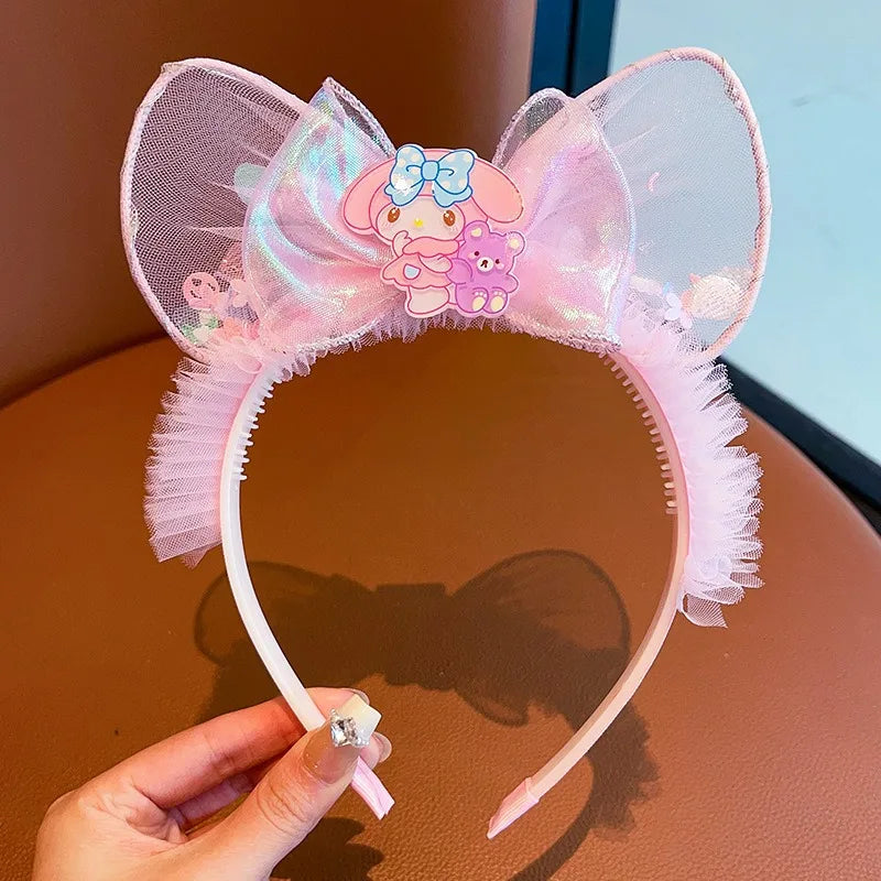 Kawaii Sanrio Kuromi Children Headband Hello Kitty Melody Cinnamoroll Cartoon Bow Shiny Hairband Hair Accessories Christmas Gift