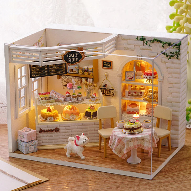 子猫ミニドールハウスモデルビルディング組み立てハウスホームキットクリエイティブルームベッドルーム装飾家具付き誕生日ギフト