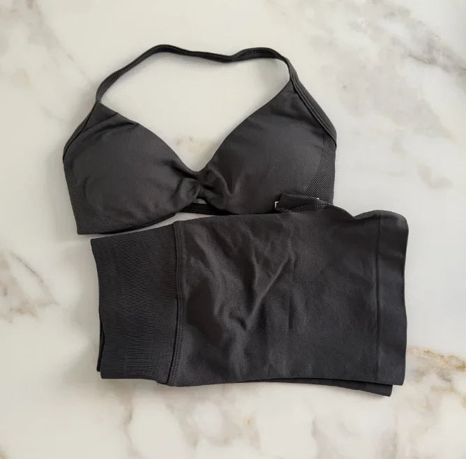 Gym Set Women Two Piece Strappy Yoga Bra Top Workout Scrunch Shorts Suit Fitness Clothes Seamless Sportswear Workout Set