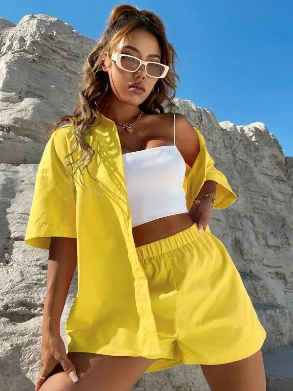 Long Sleeve Single breasted Top Broad legged Shorts Set Fashion Ladies Sexy Solid Suits 2024 Summer 2 Piece Outfits For Women