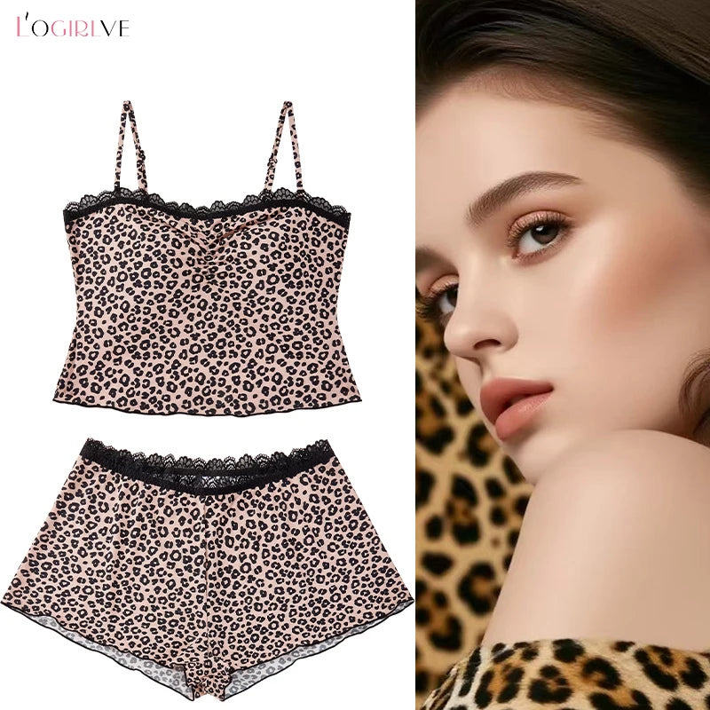Logirlve Sexy Lace Patchwork Camisoles Backless Retro Leopard Print Halter Top Women's Summer New Sleeveless Outerwear Set