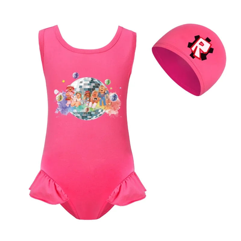 ROBLOX Kids Tie-dye Print One-piece Swimsuit for Teen Girls Pink Swimwears Bathing Suits 2-10 Years Decorative Daily Necessities