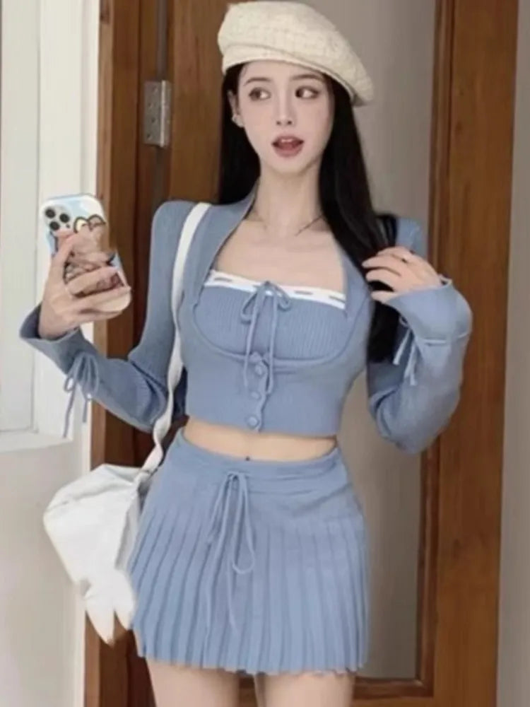 Woman Y2k Matching 3 Piece Set New Products Sweet Solid Knitted Cropped Patchwork Vest Slim Cardigan Mini Pleated Skirt Autumn