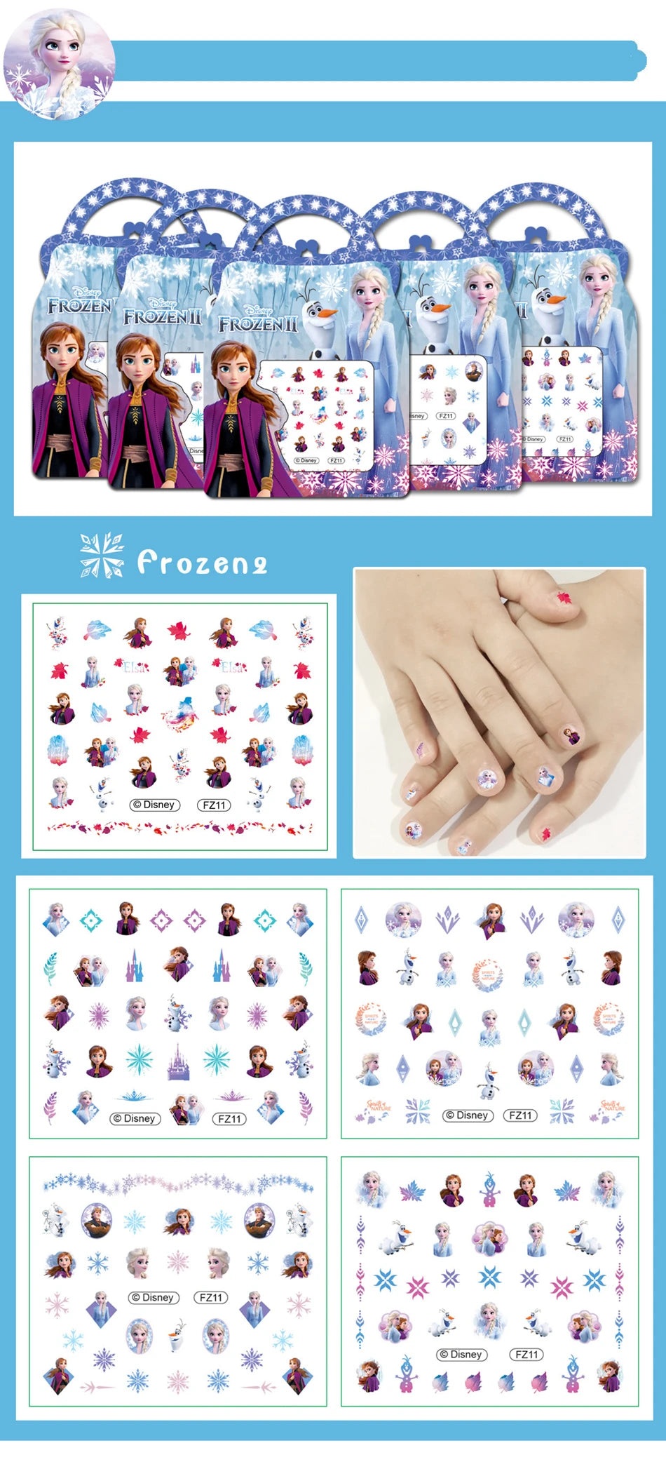 5pcs Disney Frozen Nail Stickers Nail Art Decorations Stickers Girls Stitch Minnie Anime Character Press on Nails Accesories Toy