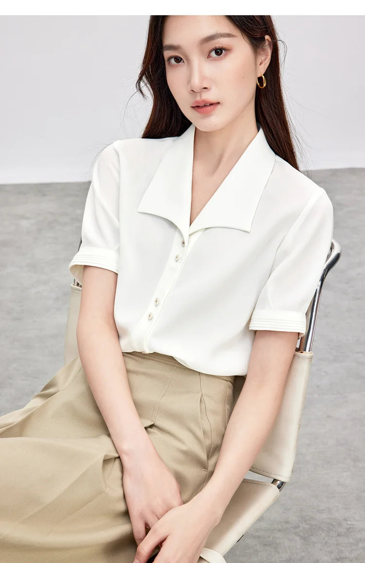 SENTUBILA Turn Down Collar Shirt Women Summer 2025 Twill Texture Chic Button Short Sleeve Elegant Solid Woman Blouse 152C87931