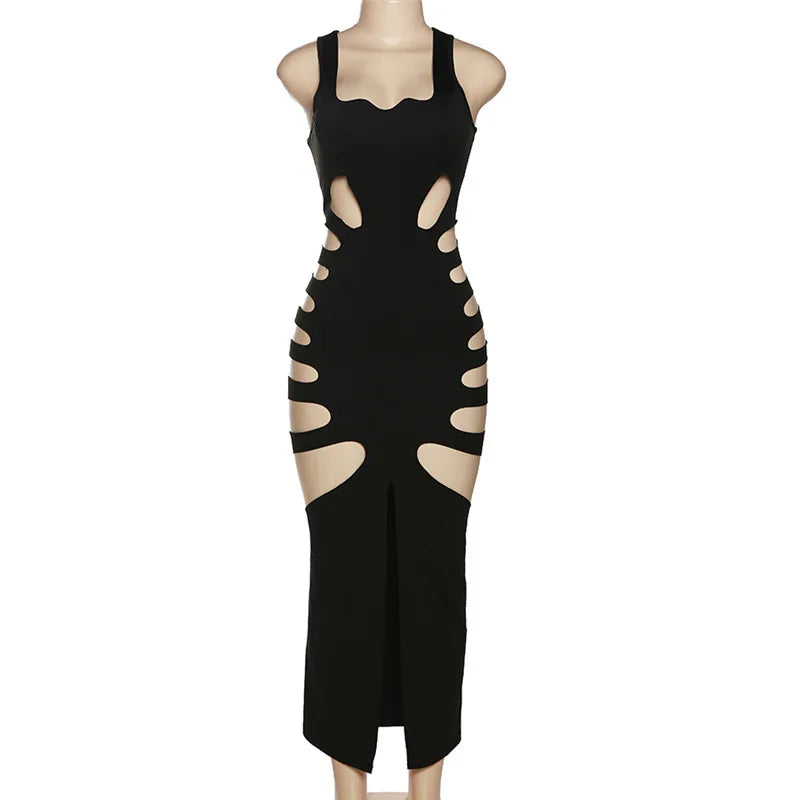 AltGoth Harajuku Gothic Dark Dress Women Streetwear Cyber Punk Y2k E-girl Grunge Sexy Hollow Out High Waist Bodycon Dress Female