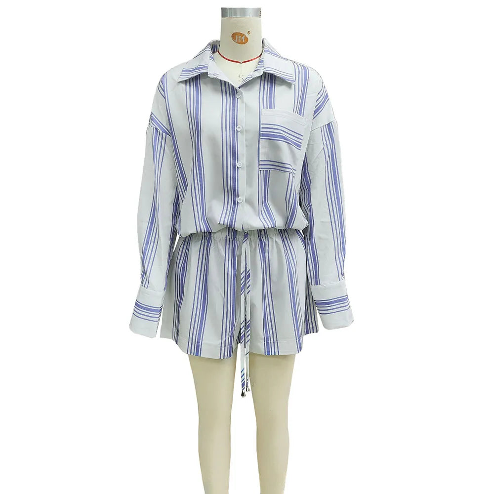 Casual 2 Piece Set For Woman 2025 Spring Summer Fashion Striped Print Shirts Tops And Shorts New In Matching Short Sets Outfits