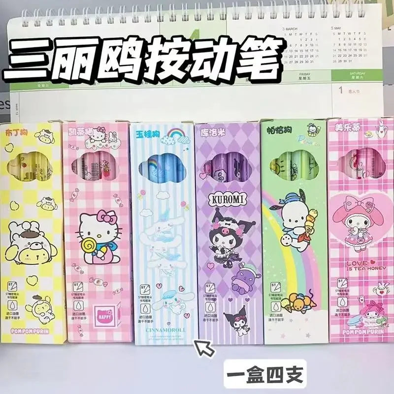 4Pcs Sanrio 0.5mm Press Ballpoint Pen Black Quick Drying Hello Kitty Cinnamoroll Kuromi Gel Pen Student School Stationery Gifts
