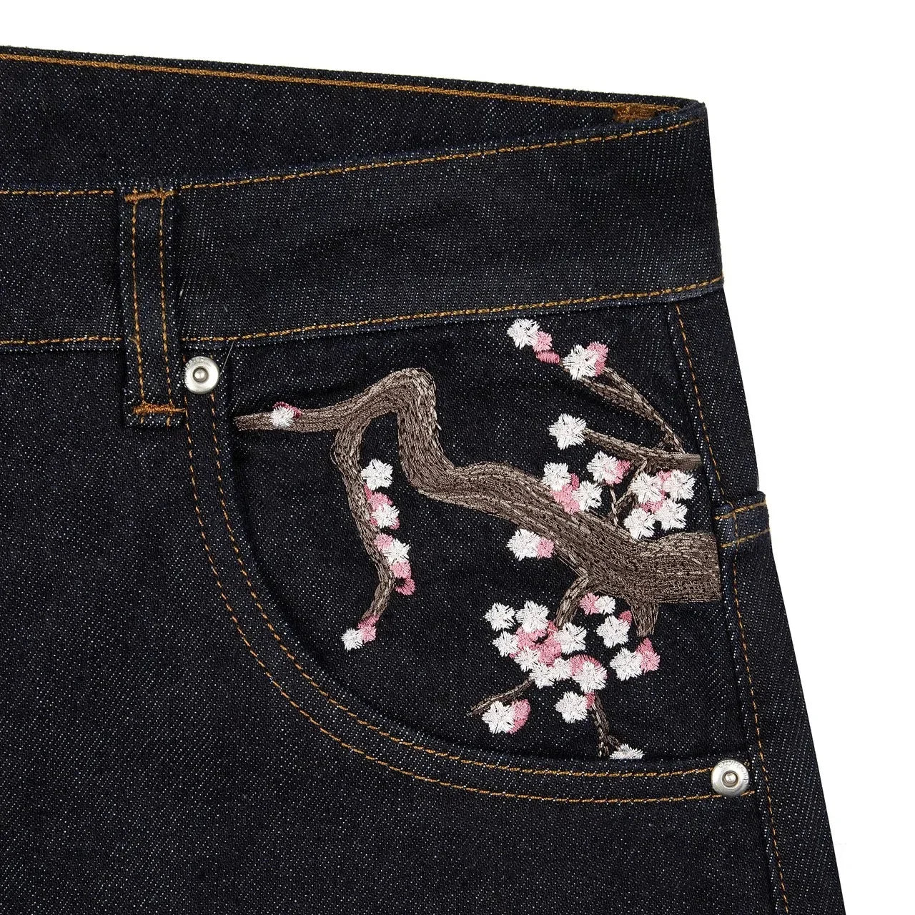 メンズ レディース チェリーブロッサムナイト オール刺繍 デニムパンツ Y2K ヴィンテージ バギー ストリート ストレートジーンズ ハイウエスト ウォッシュ加工 ブルージーンズ