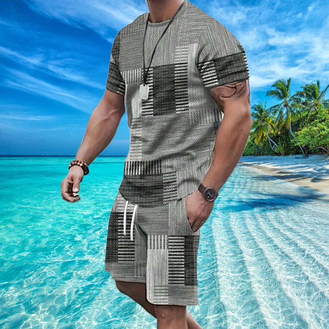 Men Patchwork 3d Printing Short Sleeve Shorts Suit Summer Outdoor Sportswear Casual Fashion Sets Sweat Absorbent and Comfortable