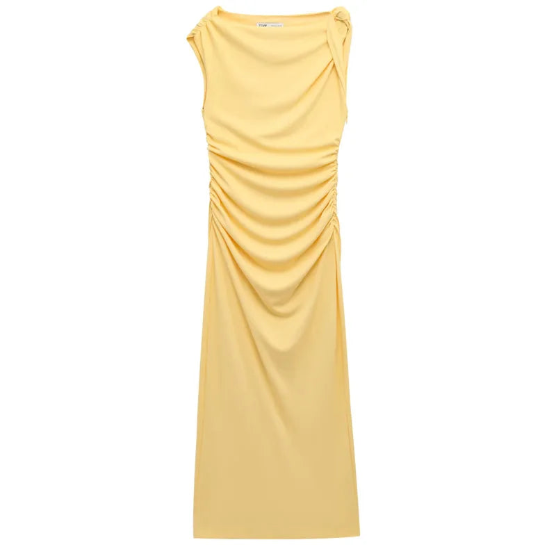 TRAF Asymmetrical Long Dresses 2025 Woman Sleeveless Yellow Midi Dress Ruched Bodycon Party Dresses Women Slit Elegant Dress 088