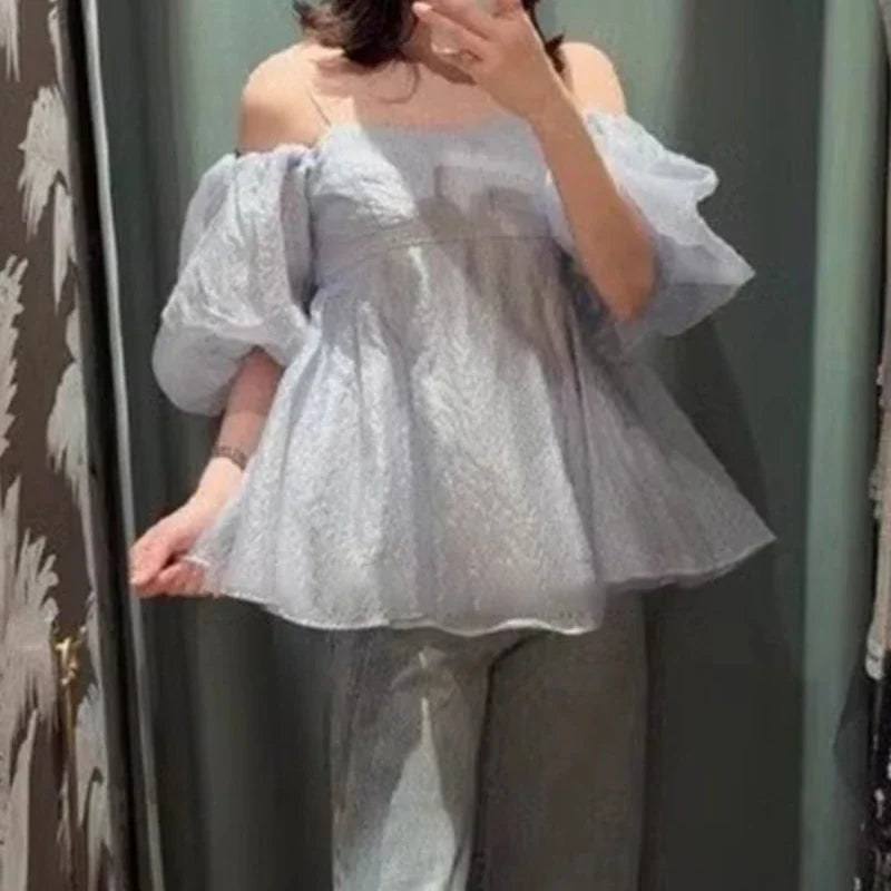 Japanese Print Blusas Mujer Sexy Off Shoulder Puff Sleeve Shirts & Blouses Woman 2025 Clothing Loose Camisas Summer New Ropa