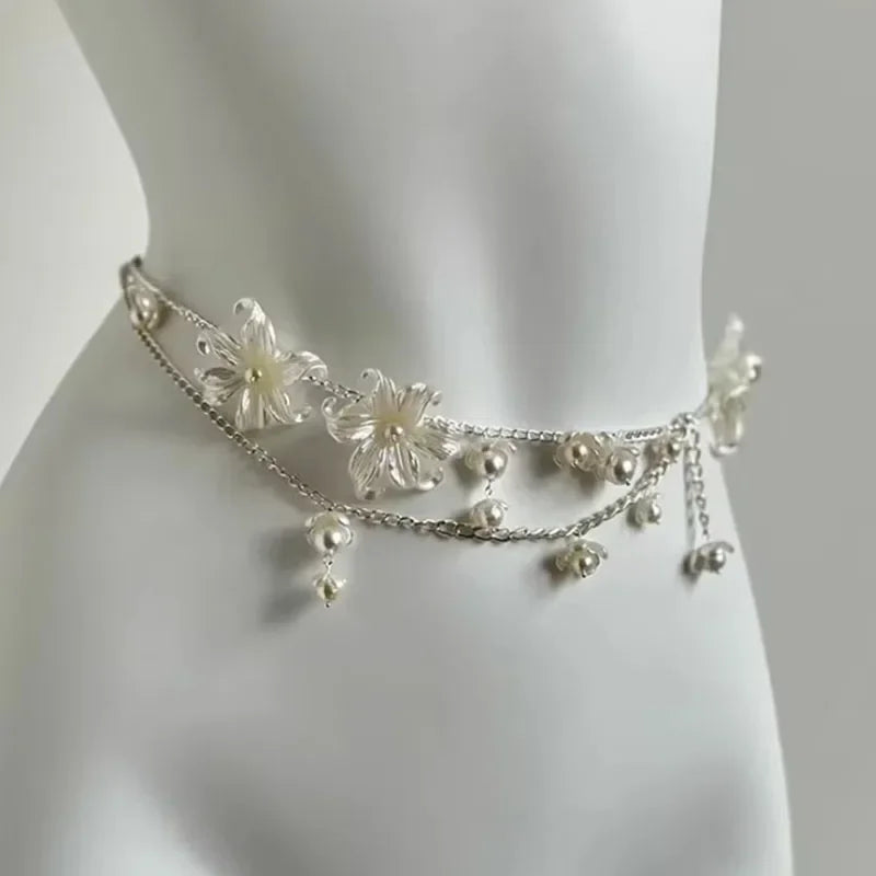Y2K Designer belt Jewelry Multilayer Pearl waist chain for Women's Fashion Retro Character Playing Body Accessories Party Belts