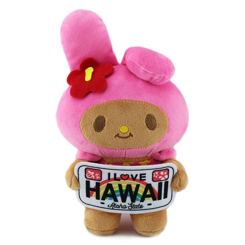 20cm Anime Sanrio Plush Doll Hello Kitty Kuromi My Melody Hawaii Limited Black Leather Kitty Plush Doll Christmas Gift