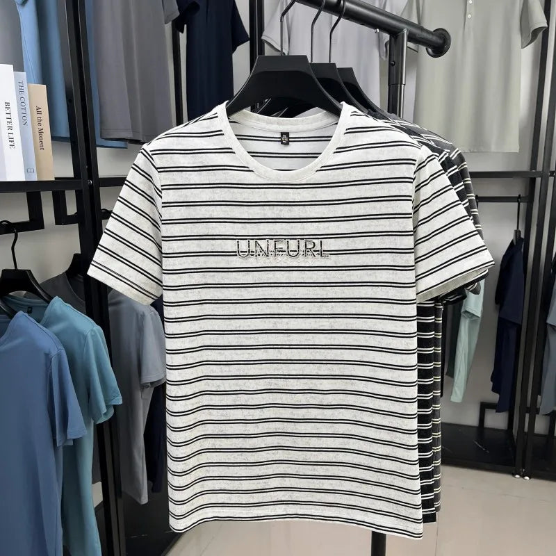 Top Grade Yarn Dyed New Summer Tops Striped Designer Tshirt Men 2025 Round Neck Brand Short Sleeve Casual Fashion Men Clothing