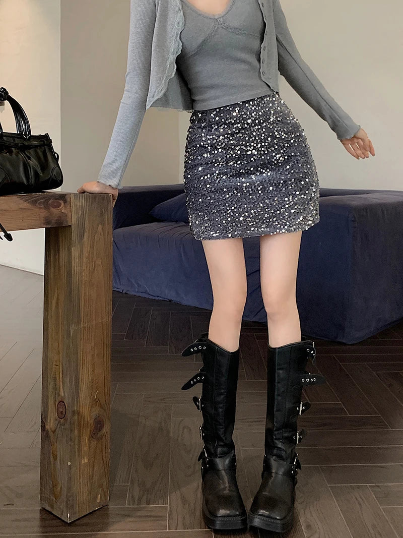 High Waist Sequined Casual A Line Skirts Women 2025 Elegant Korean Fashion Y2k Clothes Sweet Kawaii Black Micro Skirt Harajuku