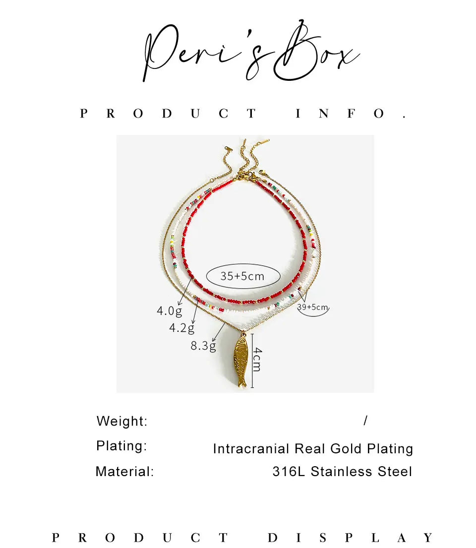 Peri'sbox Boho Colorful Acrylic Beaded Chain for Women 18K Gold Plated Solid Fish Pendant Necklace Waterproof Stackable Jewelry